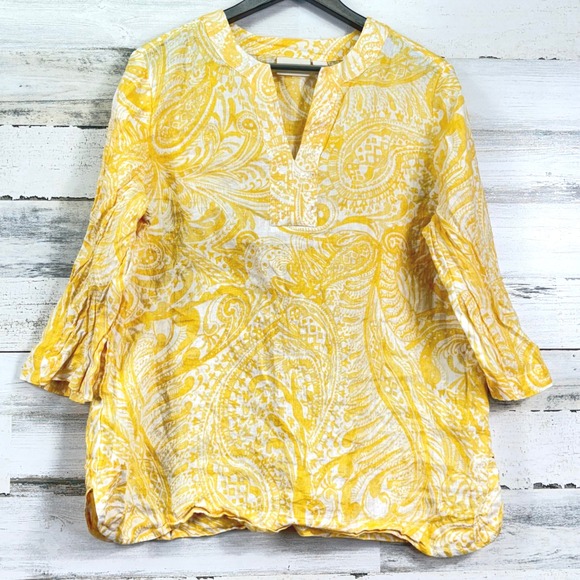 Chicos Linen Tunic Top Yellow White Paisley Print Sequins V Neck‎ Size 3/US 16 - Picture 3 of 14